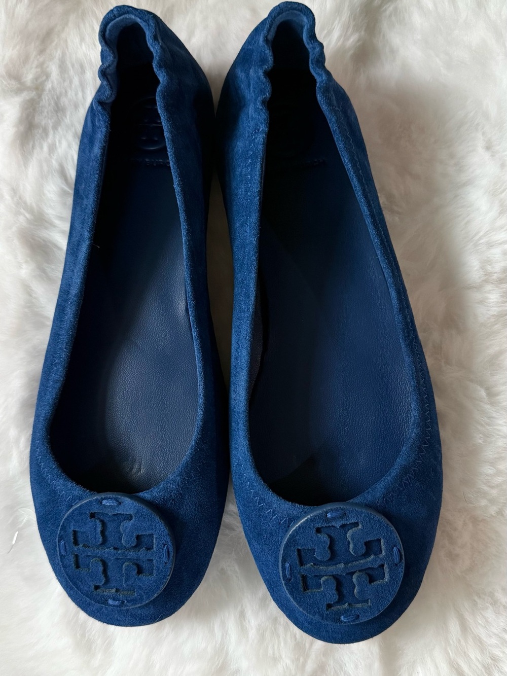 Tory Burch Deep Blue Suede Logo Ballet Flats